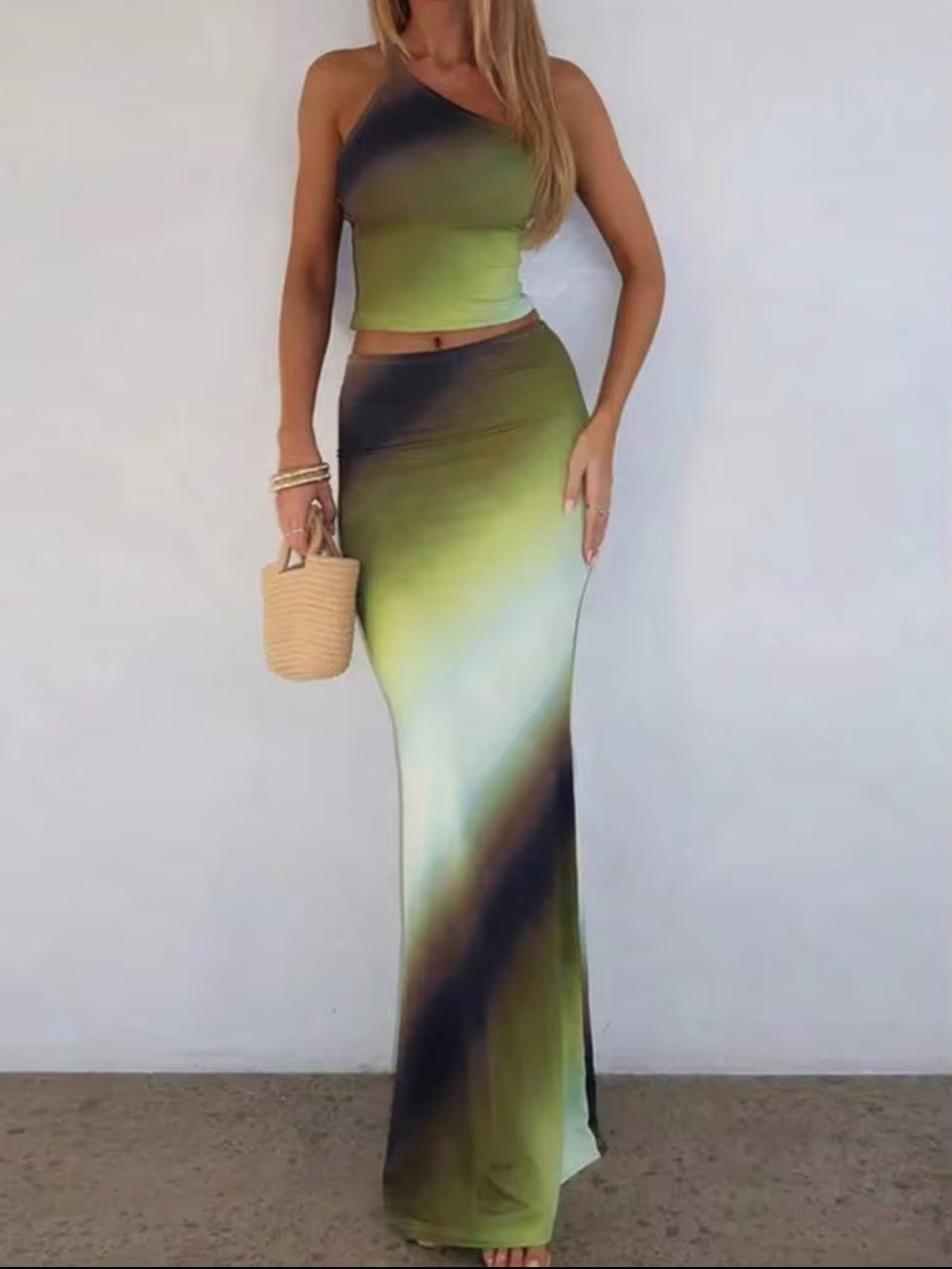 white fox gradient two piece set with one shoulder top & maxi skirt